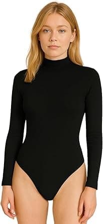 Image of Women’s Turtle Neck Bodysuit Long Sleeve | Polo High Neck Jersey Leotard Top | Stretchy Viscose Swimsuit-Style Bodysuit | UK Sizes 8–26 (Black, 12-14)