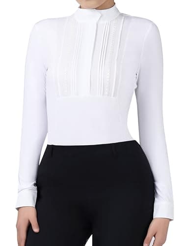 Image of Harrison Howard Pleated Big Rider Top Horse Riding Shirt Long Sleeve Riding Show Shirt with Lace Trims, White, S