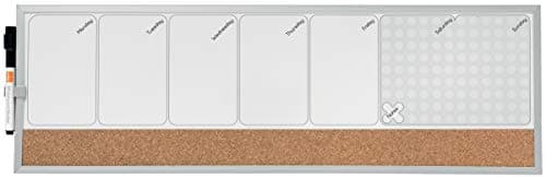 Image of Nobo Small Magnetic Whiteboard Weekly Planner, Cork Notice Board Strip, Aluminium Trim, Dry Wipe, Wall Mountable, Integrated Pen Clip, 585 x 190 mm, Grey, 1903780