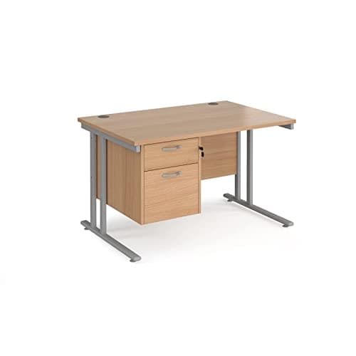 Image of Maestro 25 Silver Deluxe Cantilever Cable Managed Straight Desk with 2 Drawer Pedestal Size: 1200mm x 800mm, Finish: Beech