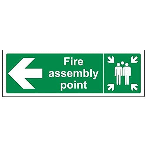 Image of VSafety Fire Assembly Point Sign with Left Arrow - Durable 2mm Rigid Plastic Fire for Emergency Exits - Green & White Design - Landscape Safety Sign, 300mm x 100mm - Meets EN ISO Standards