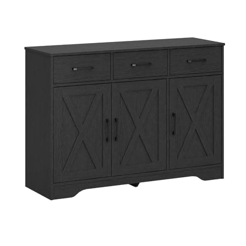 Image of Panana Wooden Sideboard 3 Drawers 3 Doors Entryway Dining Room Console Living Room Storage Farmhouse Sideboard Cabinet (Black)