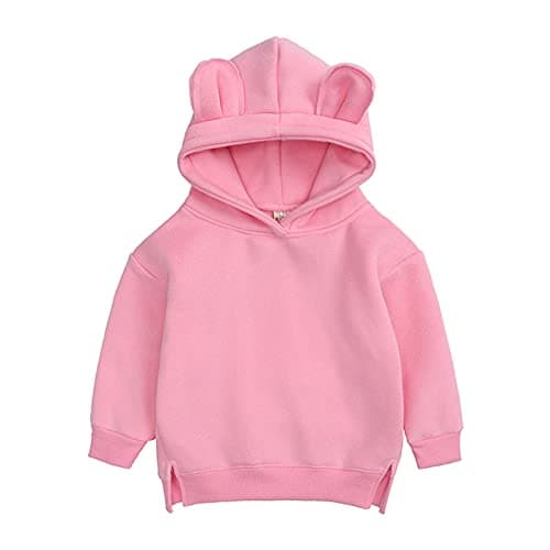 Image of Baby Boys Girls Fleece Hoodie Cute Ear Thick Split Sweatshirts Plain Long Sleeve Kids Warm Hooded Tops Clothes Outdoor Comfy Soft Lightweight Sweatshirts (Hot Pink, 12-24 Months)