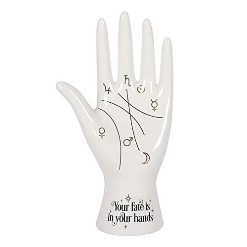 Image of Modern White Ceramic Palmistry Hand Ornament - 19.5cm x 10.5cm (1 Pc.) - Chic Design with Metallic Gold Astrology Symbols, 'Your Fate is in Your Hands' Text, Versatile for Holding Rings & Accessories
