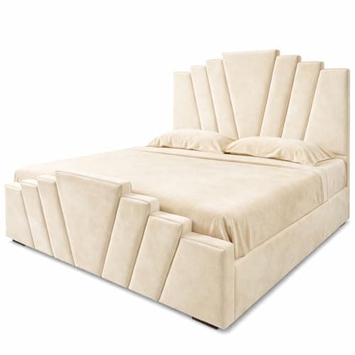 Image of Atomic Sleep Luxury Panel Ottoman Storage Bed Frame with Gas Lift | Plush Velvet | Single, Small Double, Double, King & Super King | Handmade in the UK (Cream Plush, 5FT-King Size)