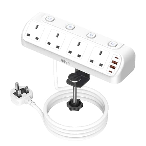 Image of Desk Extension Lead with 4 USB Slots, BEVA 4 Way Surge Protected Plug Extension with PD20W USB C Charger, Individual Switches, Mountable Desktop Clamp Power Socket with 1.8M Cable-White