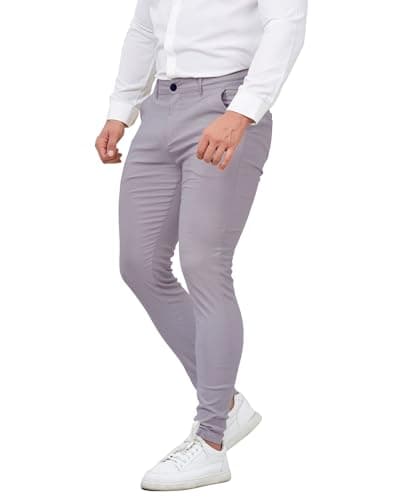 Image of KCANAAPPAREL Mens Chinos Trousers Slim Fit Stretch Flat-Front Tapered Skinny Dress Blue Grey Pants for Golf (32W x 30L)