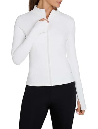 Image of TCA Women’s Running Jacket – Long Sleeve Gym Tops Women, Full Zip Sports Jacket, Lightweight Gym Jackets Women - Bright White, L