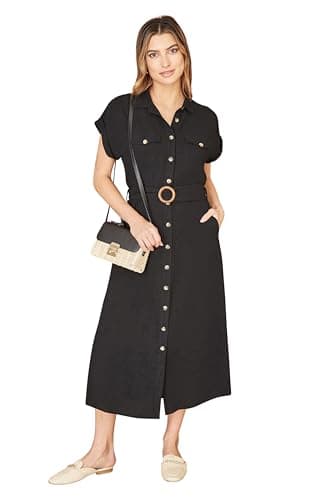Image of Yumi Black Viscose Midi Shirt Dress, Button Down Style with Wooden Belt, 124.5 cm Length (UK, Numeric, 10, Regular, Regular, Black)