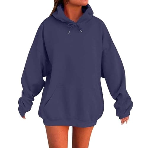 Image of Girls Hoodie Womens Hoodies Oversized Ladies Casual Pullover Tops Long Sleeve Solid Color Hoodie Autumn Winter Sweatshirts with Pockets Ladies Jumpers Size 14 Navy