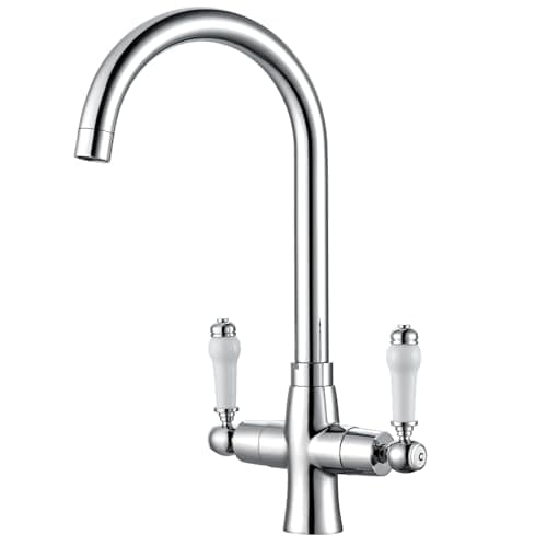 Image of HPWVKVDB Traditional Kitchen Sink Mixer Tap with White Ceramic Dual Levers Chrome Victorian Style Swan Neck Sink Taps Solid Brass Vintage Kitchen Faucet 1 Hole 360° Swivel UK Standard Fittings