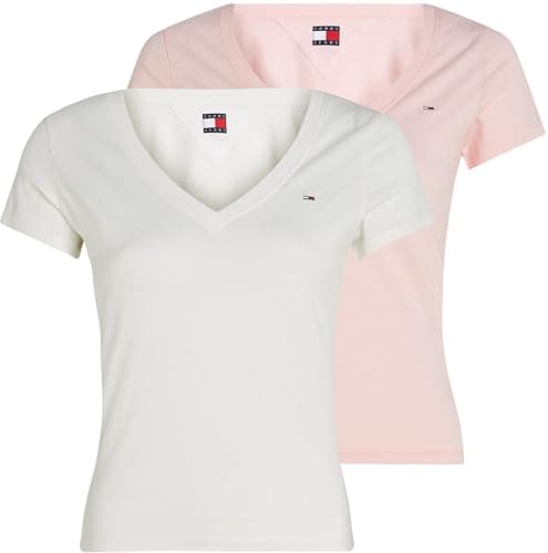 Image of Tommy Jeans Womens Tjw 2pack V-Neck Tee Dw0dw21367 S/S T-Shirt, Multi (Ecru/Precious Pink), XS UK