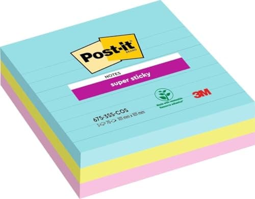 Image of Post-it Super Sticky Large Notes, Lined, 270 Sheets, Pack of 3 Pads, 101 mm x 101 mm - Holds Strong to Many Surfaces - Bright Colours - for Walls, Monitors and Fridge, Recycable