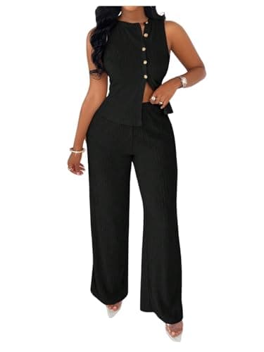 Image of GORGLITTER Womens Co Ord Sets Rib Knit Tracksuit Full Set Button Front Vest Top Trousers 2 Piece Dressy Business Summer Casual Outfits Black Small