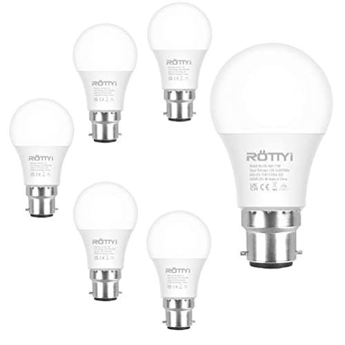 Image of ROTTYI B22 Bayonet Light Bulbs 100W Equivalent, Cool White 6500K Daylight Bulbs, 11W 1210LM LED Bulb, BC A60 GLS Energy Saving Lightbulbs, Classic Shape Non-dimmable, Pack of 6