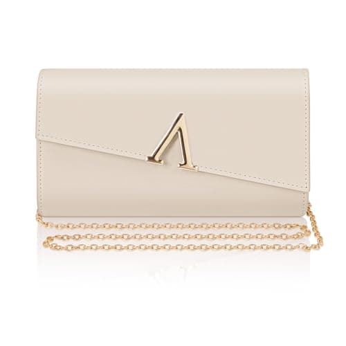Image of Larcenciel Women's Clutches, Nude Leather Clutch Bag w/Detachable Chain, Elegant Minimalist HandBag for Women, Cream Beige Evening Crossbody Shoulder Bag for Party, Prom, Wedding, Dinner, 23x13x5cm