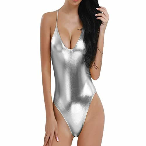 Image of R&N FASHIONS - Womens Shiny Metallic Wet Look Sleeveless Sexy Bodysuit - Gymnastics Thong Leotard - One Piece Ballet – Perfect for Dance (Silver, M-L)
