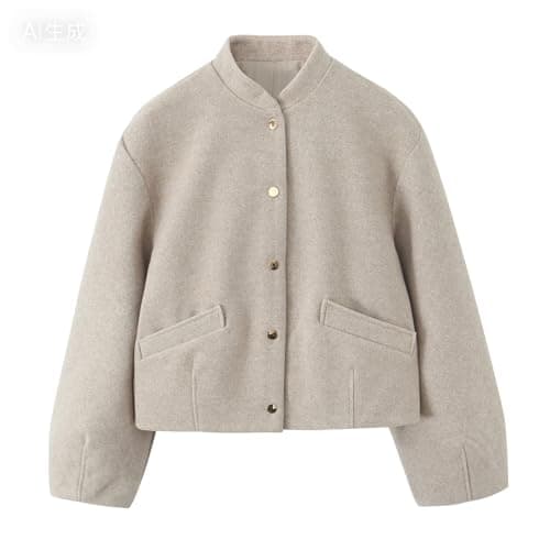 Image of Short Wool Flight Jacket Women's Elastic Hem Wool Blend Button Up Bomber Coat Crop Casual Jacket