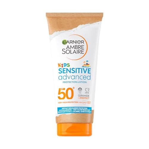 Image of Garnier Ambre Solaire Sun Cream Lotion SPF 50+ Sensitive Advanced Kids Sun Screen 175ml, Face & Body, High UVA UVB Protect, Non-Sticky, Water-Resistant, Sand & Sweat, Hypoallergenic, Fragrance-Free