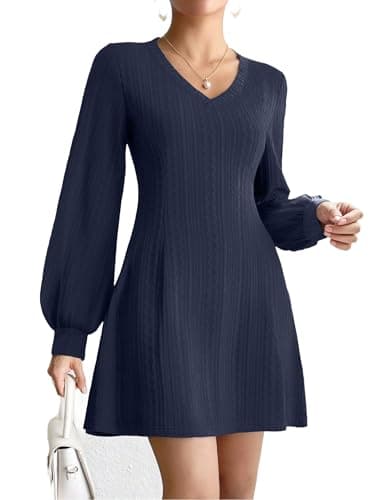 Image of Zeagoo Work Dresses for Women Elegant Lantern Long Sleeve Mini Dress V Neck Cable Jumper Dress Autumn Navy Blue S