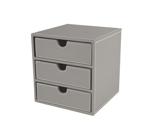 Image of Osco Faux Leather 3-Drawer Desktop Storage Cube, Compact Desk Organiser, Stationery & Makeup Drawer Chest for Home Office, Jewellery, Small Items, Grey