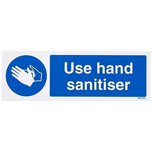 Image of V Safety Use Hand Sanitiser Sign - Landscape - 300mm x 100mm - 1mm Rigid Plastic, Blue, 43073AX-R