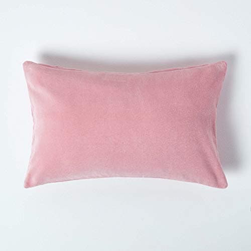Image of HOMESCAPES Pink Velvet Cushion Cover Super Soft Cotton Velvet Luxury Scatter Cushion Rectangle Plain Dusky Pink Accent Throw Pillow for Sofa and Bed Decoration with Hidden Zipper, 30 x 50 cm