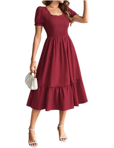 Image of GRACE KARIN Women's A-Line Short Sleeve Smocked Red Dress with Pocket Elegant Midi Red Dress Cocktail Wine Red L