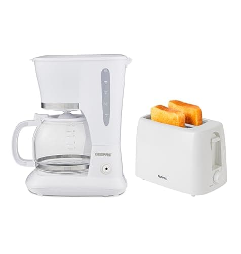 Image of GEEPAS 1.5L Filter Coffee Machine & 2 Slice Toaster Combo Set | 800W Coffee Maker for Instant Coffee Espresso Macchiato & More | 650W Toaster For Thin Small Bread Slice 6 Browning Levels White