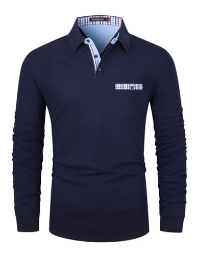 Image of KUNJLELP Men's Premium Long Sleeve Polo Shirt Casual Cotton T-Shirt with Real Pocket,Blue 37,M
