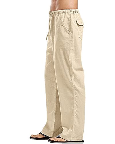 Image of YAOHUOLE Mens Linen Lounge Pants Loose Fit Lightweight Yoga Comfy Beach Trousers Khaki L