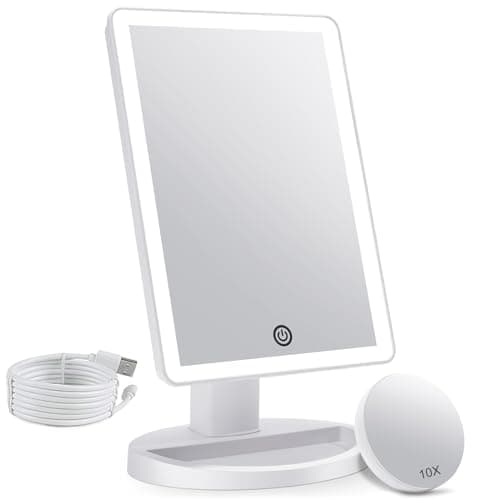 Image of FASCINATE Makeup Vanity Mirror with 3 Color Lighting and Detachable 10X Magnification, 72 Led Lights Adjustable Dimming Touch Sensor, Dual Power Supply, 180° Rotation, Portable Cosmetic Mirror(Pearl)