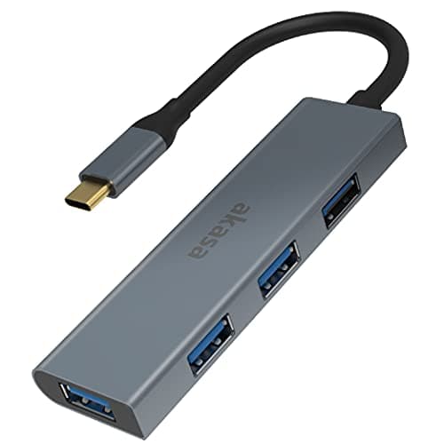 Image of Akasa Type-C 4 Port USB 3.0 Hub Silver | Aluminium Finish Docking Station | 4-in-1 USB Multi-port Adapter | Space Grey | 5Gbps Data Transfer | Compatible with MacBook, Dell, Lenovo | AK-CBCA25-18BK