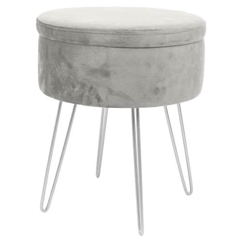 Image of Harbour Housewares Velvet Round Foot Stool with Storage - Grey with Silver Legs - Modern Dressing Table Pouffe Footstool Vanity Seats Vanity Chairs Footstools for Living Room, Bedroom
