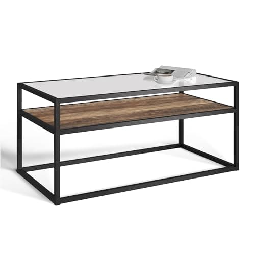 Image of URBNLIVING Glass Display Top Coffee Table with Steel Frame Reversible Wooden Storage Shelf