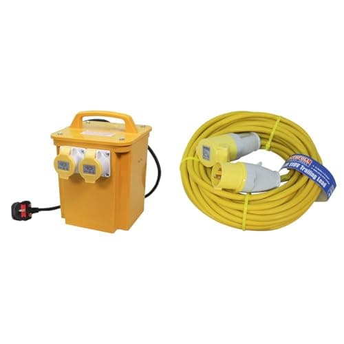 Image of Faithfull FPPTRAN33A 3.3kVA 110V Twin Outlet (2 Socket) Site Transformer 2M HD Rubber Cable & FPPTL14HDUTY 14 Metre L/V Heavy Duty Trailing Lead Extension Lead 110Volt 16A 2.5mm Cable