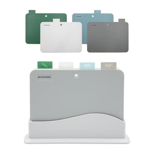 Image of Blackmoor 68239 Chopping Board Set of 4 / Grey Index Chopping Boards with Stand for Kitchen/Colour Coded Tabs for Cutting Meat, Fish, Fruit, Vegetables and More