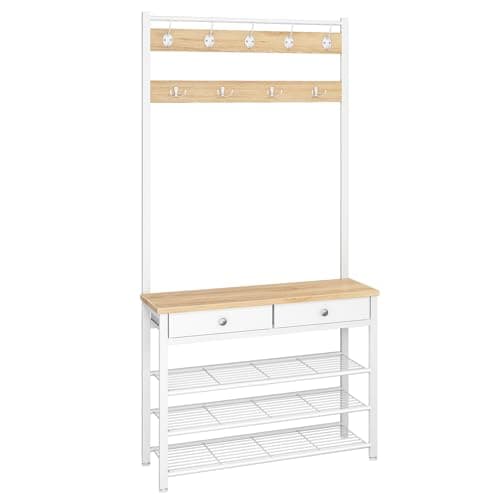 Image of HOOBRO Coat and Shoe Rack, Coat Rack with Shoe Storage, Hall Tree with 2 Non-Woven Drawers, Coat and Shoe Storage for Hallway, Bedroom, Cloakroom, Natural and White EWN81MT01