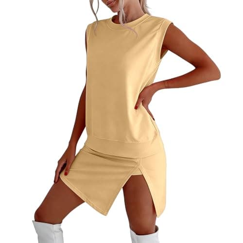 Image of Novlewign Women Two Piece Skirt Sets Summer Sleeveless Tank Top and Split Skirt Matching Set Athletic Workout Lounge Outfits, Yellow, L