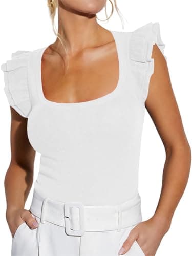 Image of INFITTY Shirts for Women Casual Ruffle Sleeve T Shirts Square Neck Tops 2026 Summer Fashion Dressy Tunic Blouses White S