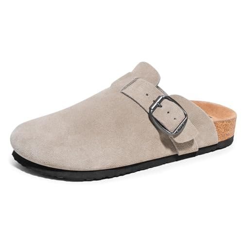 Image of FITORY Mens Suede Clogs with Arch Support，Leather Cork Footed Mules Taupe Size 10.5
