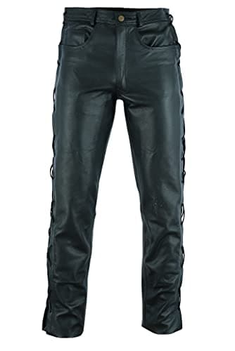 Image of Texpeed Mens Leather Laced Motorcycle Motorbike Biker Pants - With CE Armour (EN 1621-1) Protection - Black - L