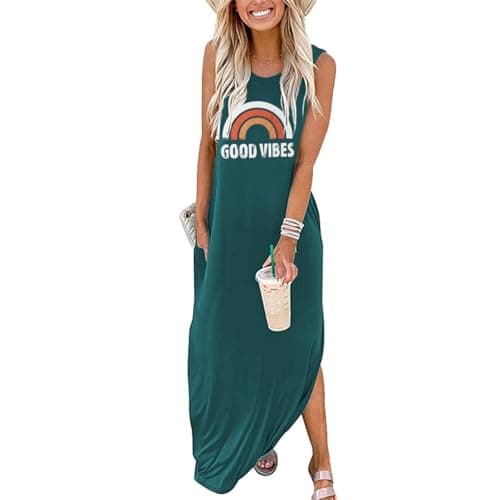 Image of Sxkayxr Women's Summer Sleeveless Maxi Dress Casual Loose Beach Good Vibes Tshirt Dresses with Pockets