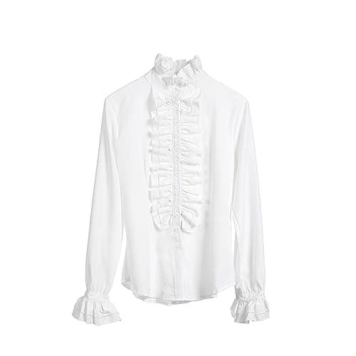 Image of Edhomenn Women's Button Down Shirts Long Sleeve Ruffled Collar Plain Blouse Party Wedding Office Lady Shirt, (White, M)