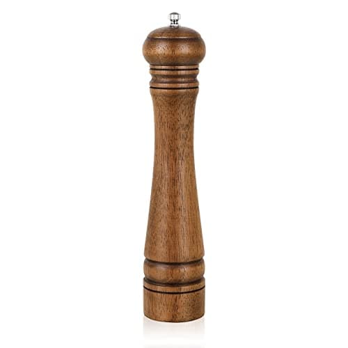 Image of 1 Piece Pepper Mill, Haomacro 10 inch Wood Salt Mill Pepper Shaker, Manual Pepper Grinder, Salt Shakers with Adjustable Ceramic Rotor - Refillable Oak Wood Pepper Grinder for Your Kitchen