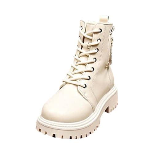 Image of Ankle Boots for Women Waterproof Ladies Black Chunky Mid Calf Walking Boots Work Lace Up Side Zipper Womens Black Platform Leather Comfortable Walking Booties Slip Resistant Design