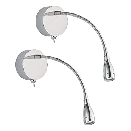 Image of Britalia 2 Pack - LED Polished Chrome Flexible Switched Modern Reading Wall Light | 0.8W 30lm 6500k LED | IP20 | UK Approved | Bendy Stem | Toggle Switch | Bedroom Lights