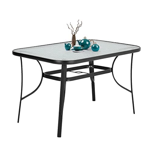 Image of DKIEI 120x80cm Rectangle Outdoor Table Coffee Table Patio Table Garden Dining Table Steel Frame Tempered Glass Table Top with Umbrella Hole for Yard Bistro Lawn Balcony, Black