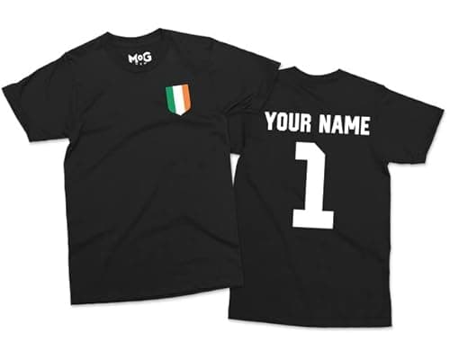 Image of Ireland Football T-Shirt - Black - XL - Customised Name & Number 100% Cotton T-Shirt - Kids & Adults Size Irish Shirt - Custom Tee for Ireland Supporters - Personalised Gift for Football Fans