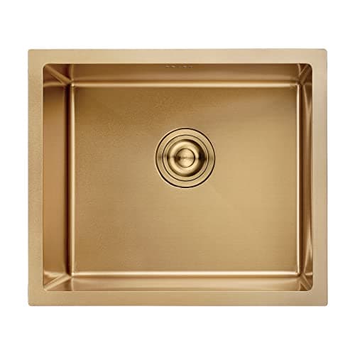 Image of Ibergrif Stainless Steel Kitchen Sink, 50 x 43cm, Undermount Kitchen Sink Drop in, Topmount Single Bowl Outdoor Campervan Sink with Drainer Fittings, Gold M85043G